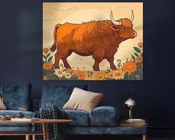 Scottish highlander coloured drawing sun and flowers