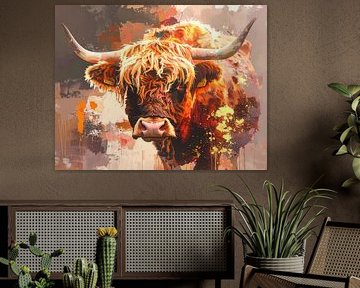 Schotse hooglander kunstwerk mixed media felle kleuren van Emiel de Lange