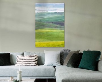 Een landschapsfoto van de mistige groene heuvels van Toscane