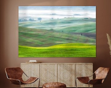 Een landschapsfoto van de mistige groene heuvels van Toscane in  van Bas Meelker