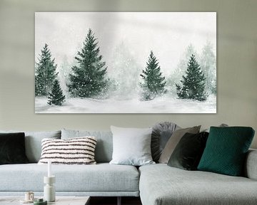 Winters landschap met dennenbomen - kerstmis schilderij van Mel Digital Art