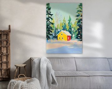 Winterhuis in de sneeuw - Kleurrijk schilderij van Niklas Maximilian