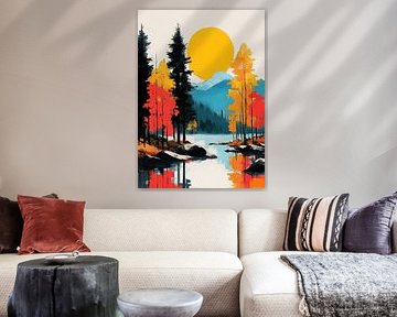 Autumn landscape by the lake - retro illustration by Niklas Maximilian