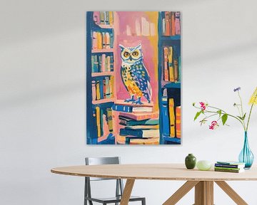 Owl in the library - Playful gouache by Niklas Maximilian