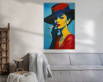 Sierlijke vrouw met hoed en sigaret schilderij. van Johannes
