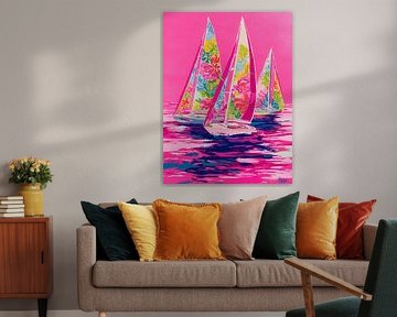 Sommer Segelboot Kunstwerk mit floralen Segeln auf leuchtend rosa Wasser