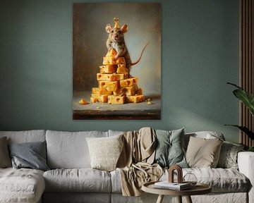 Feestelijke muis met kaasberg – humoristisch olieverfschilderij