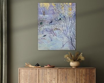 Olga Rozanova - Hoek van het huis en goudvinken in de boom, winter van Peter Balan