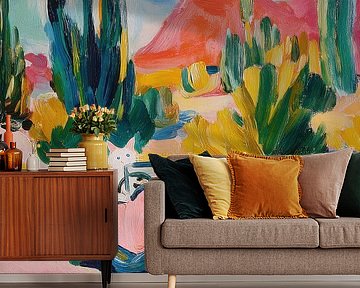 Cat rijden vintage auto woestijn schilderij van Niklas Maximilian