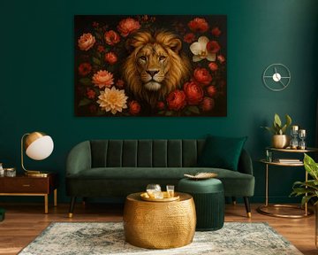 Lion with flowers - royal nature art by Kleurenrijk