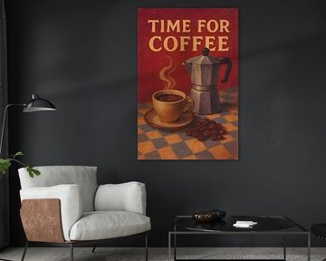 Koffie met koffiebonen en percolator schilderij. van Johannes