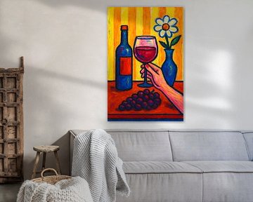 Wine with bottle, grapes and flower painting. by Johannes