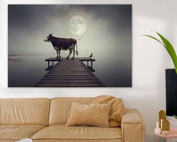 Cow on wooden jetty at full moon by Kleurenrijk