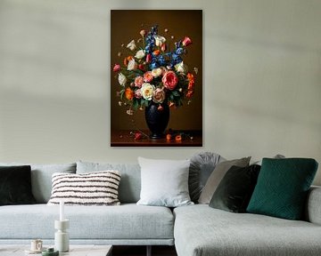 Fleurs dans un vase noir - Nature morte classique sur Kleurenrijk