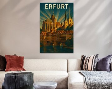 Erfurt Art Deco Reiseplakat - Dom & Krämerbrücke
