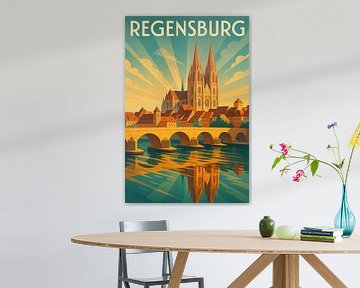 Affiche de voyage Regensburg Art Deco - Cathédrale &amp ; Pont de pierre sur Travel Shop