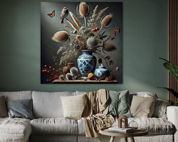 Delfts Blauw Stilleven met Vogel en Vlinder van Kleurenrijk