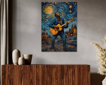 Man speelt akoestische gitaar in abstracte sterrennacht van MIROKKU
