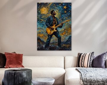 Man speelt elektrische gitaar in abstracte sterrennacht van MIROKKU