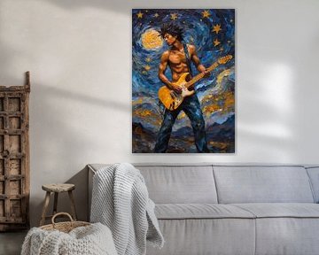 Man speelt elektrische gitaar in abstracte sterrennacht van MIROKKU