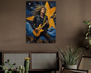 Man speelt elektrische gitaar in abstracte sterrennacht van MIROKKU