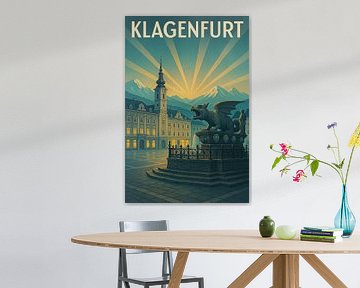 Klagenfurt Art Deco Poster - Drachenbrunnen und Alpen