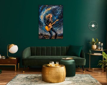 Vrouw speelt elektrische gitaar in abstracte sterrennacht van MIROKKU