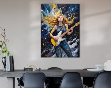 Vrouw speelt elektrische gitaar in abstracte sterrennacht van MIROKKU