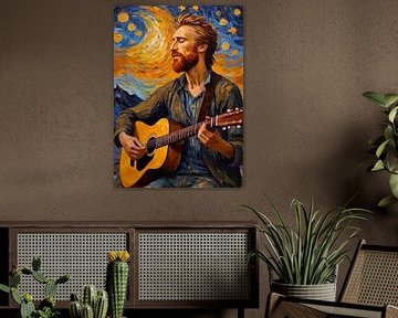 Van Gogh speelt akoestische gitaar in abstracte sterrennacht van MIROKKU