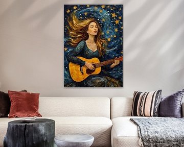Vrouw speelt akoestische gitaar in abstracte sterrennacht van MIROKKU