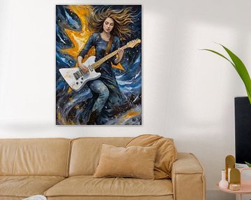 Vrouw speelt elektrische gitaar in abstracte sterrennacht van MIROKKU