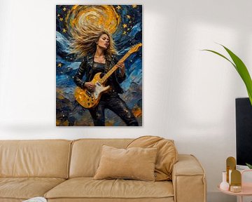 Vrouw speelt elektrische gitaar in abstracte sterrennacht van MIROKKU