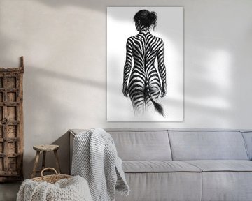 Vrouw met zebrastrepen (AI) (rug, mens, dier, artistiek naakt, intiem, sensueel, sexy, bloot, bodypainting) )