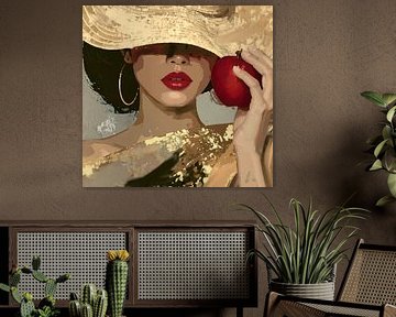 Portrait graphique stylisé d'une femme avec une pomme et un grand chapeau sur Emiel de Lange