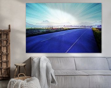 Berge und eine Landstrasse bei Sonnenaufgang mixed media