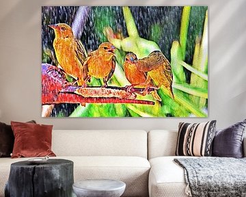 gele wever vogels in de regen mixed media