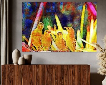 gele wevervogels in mijn tuin mixed media