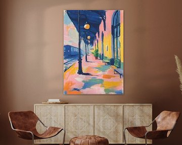 Scène de gare colorée avec banc en bois sur Niklas Maximilian