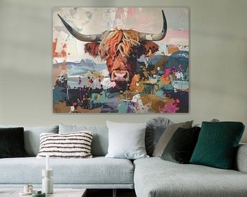 retro kunstwerk kleurige hooglander van Emiel de Lange
