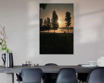 Zonlicht overspoelt het bos bij het meer met hutten, vredige natuurlijke idylle