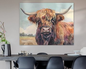 Schotse hooglander retro stijl schilderij