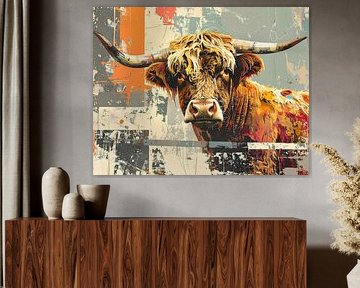 Mixed media kunstwerk koe met hoorns van Emiel de Lange