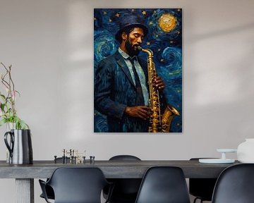 Man Playing Saxophone Under Starry Night by MIROKKU