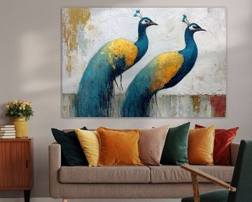 Two peacocks with golden wings by Digitale Schilderijen