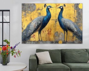 Two peacocks with gold background