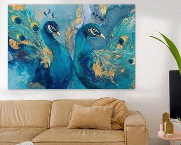 Two blue peacocks with gold accents by Digitale Schilderijen