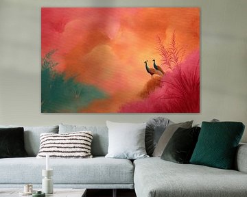 Peacocks in a colourful landscape by Digitale Schilderijen