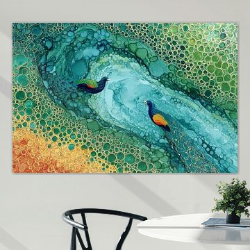 Peacocks in an abstract pattern of green and gold