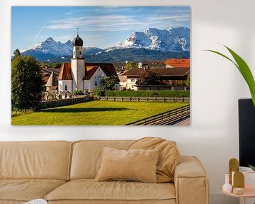 Wallgau Church of St Jacob with snow-covered mountains by Photo Art Thomas Klee