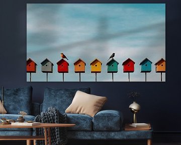 Kleurrijk rijtje vogelhuisjes op zomerdag